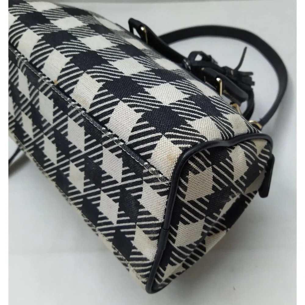 Dooney & Bourke Black White Checker Canvas Leather Trim Top Handle Satchel Bag